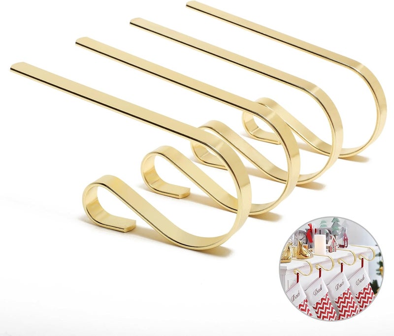 Klurent Christmas Stocking Holders for Mantle Set of 4, Lightweight Adjustable Christmas Stocking Holder Hooks Metal Fireplace Hanger for Christmas Party Decoration, Non-Slip Mantle Stocking Hooks(Gold) - Image 1